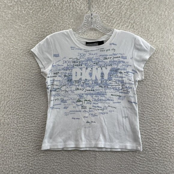 Y2K 2000s DKNY Jeans White New York Text Graphic Baby Tee Womens M Medium